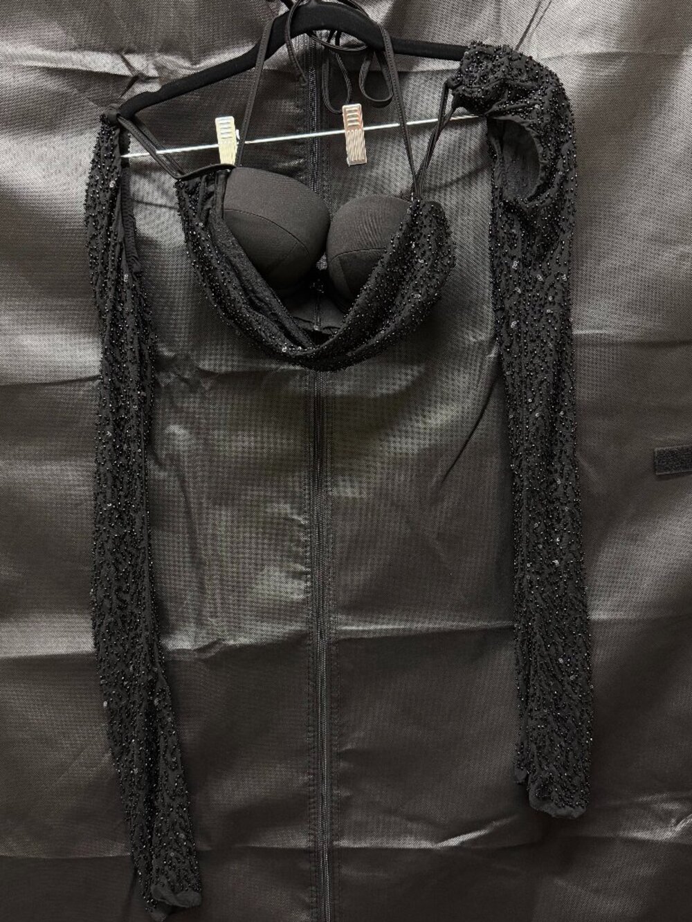 Oh Polly: Embellished Long Sleeve Crop Top in Black - Size US 0